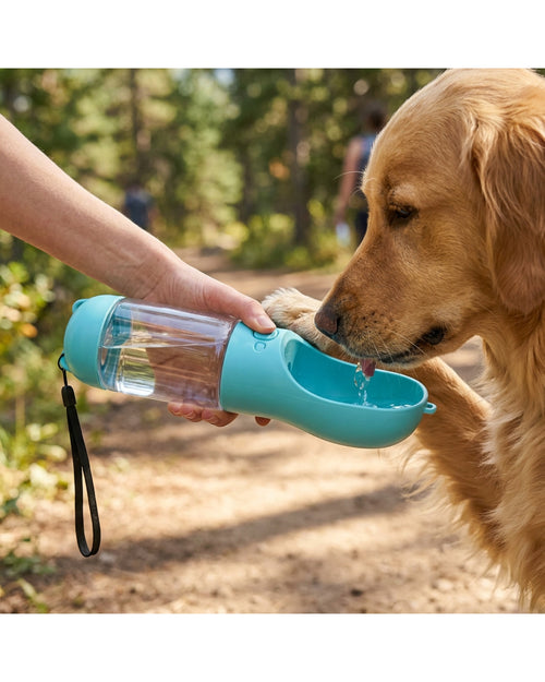 Zeoma Pet Travel Water Bottle with Trough 420 ml Ocean Blue - Lifestyle view